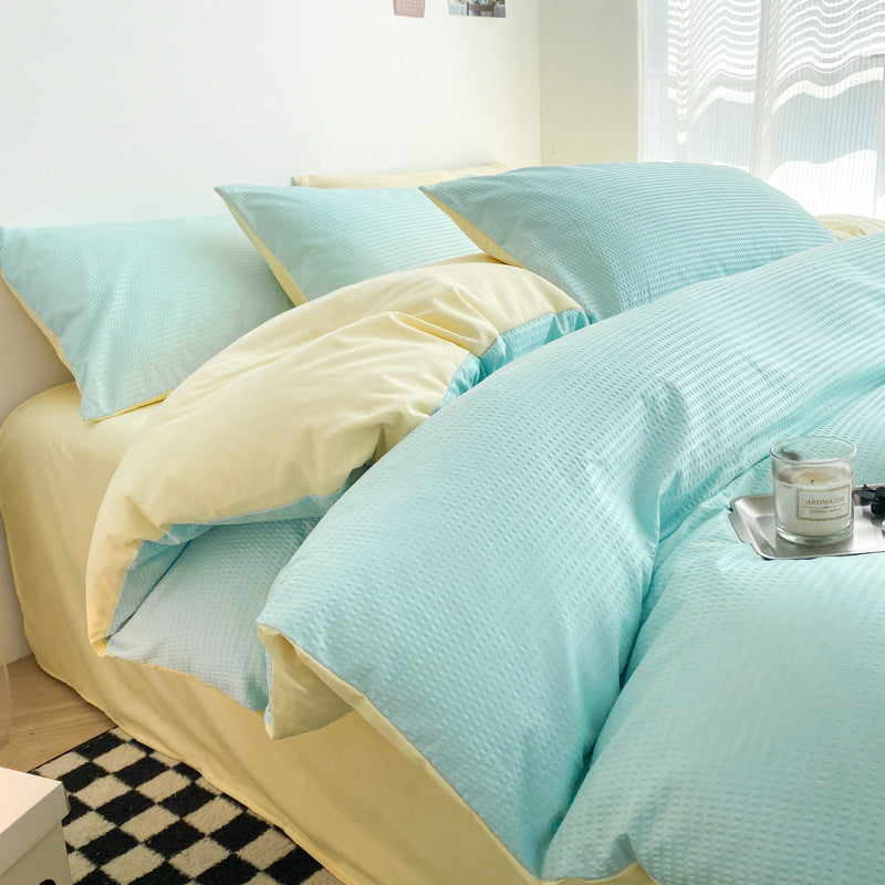 Solid color waffle four-piece wholesale ins polished bed sheet quilt cover Nantong quilt cover bed three-piece bed hat model