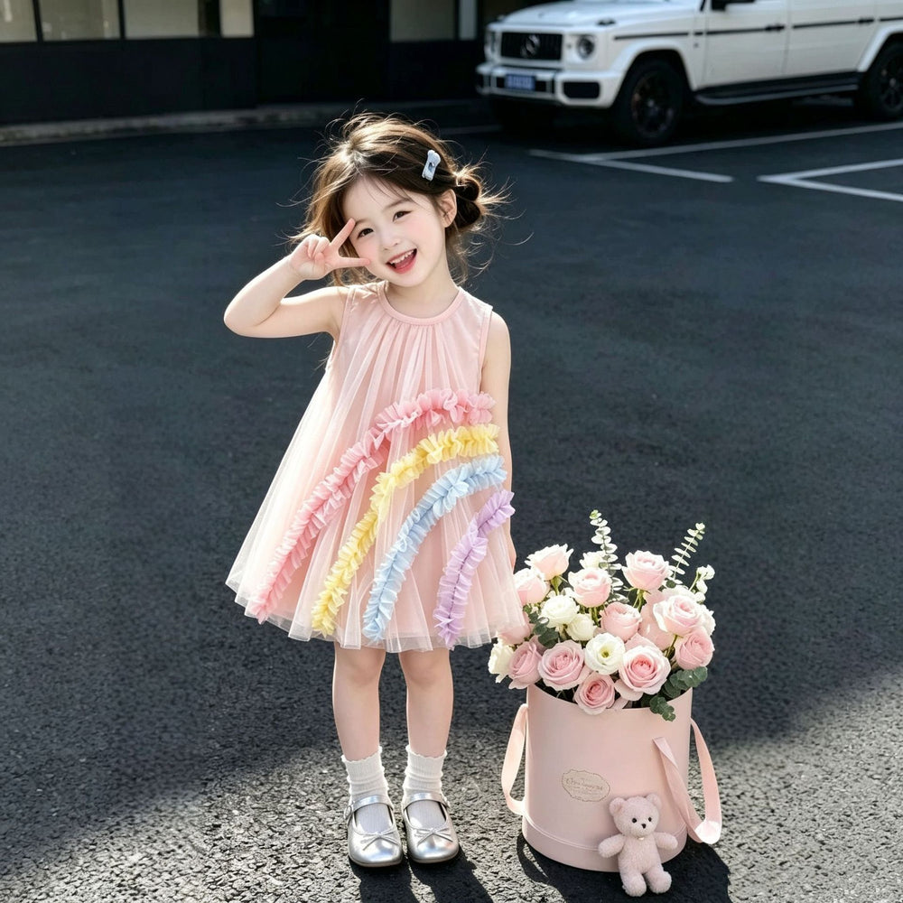 summer new girls' tulle dress - stylish baby rainbow princess sleeveless sundress