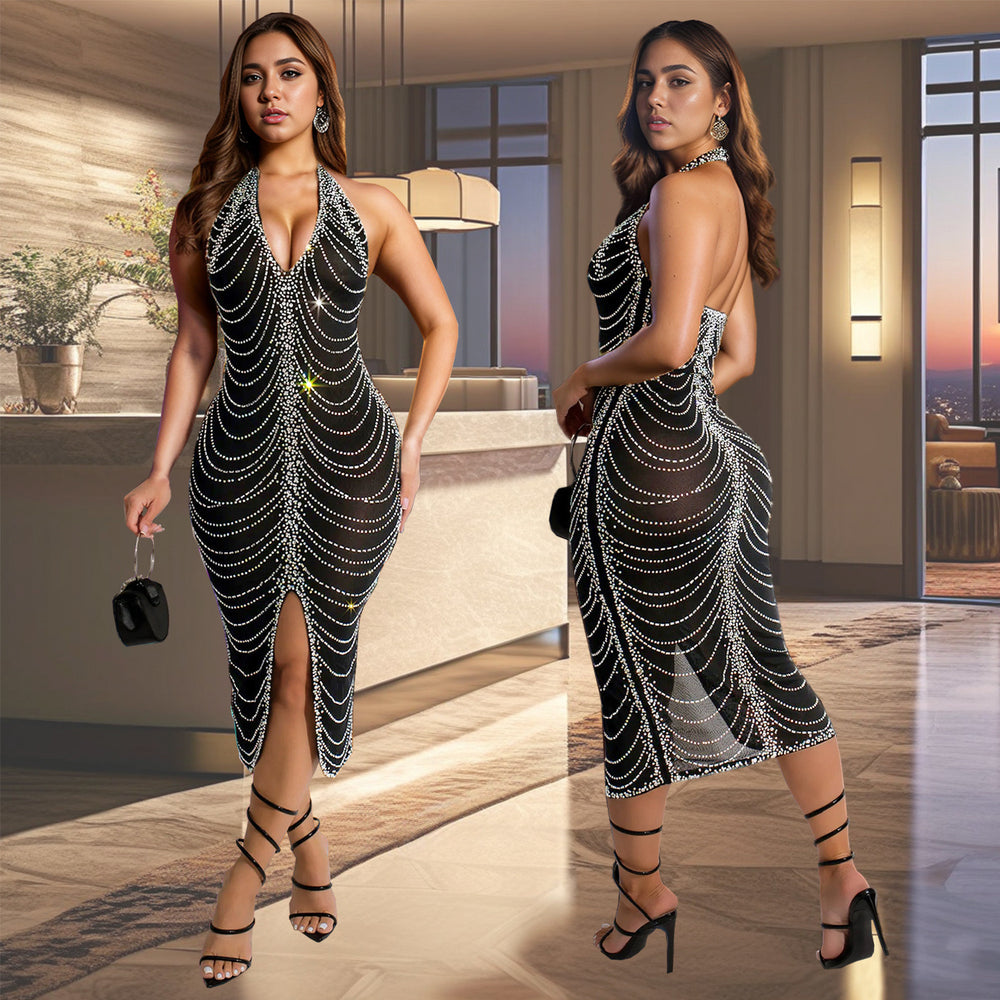 C7095 cross-border   fashion women's hotfix rhinestone bodycon sexy mini dress
