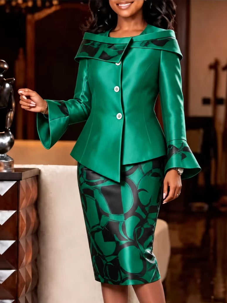 Autumnew arrivalwork clothing hip skirttwo-piece set printing bell sleeve shawl collar church elegantsilm skirt suit