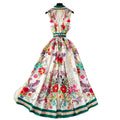 Spring printing dress women's new arrivalfashionretro lapel waist sleeveless single breasted pleated long skirt