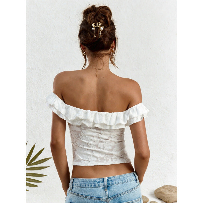 Women's white lace off-the-shoulder backless ruffle twist knot crop top, women's summer fashion apparel