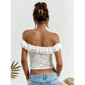 Women's white lace off-the-shoulder backless ruffle twist knot crop top, women's summer fashion apparel