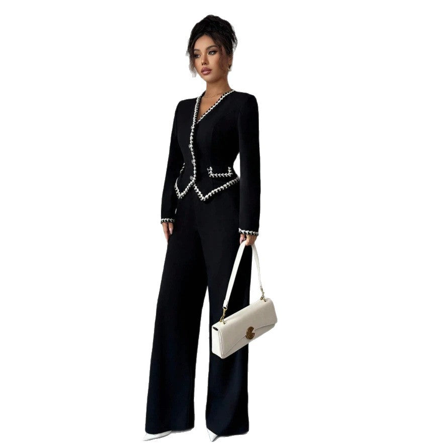 european and american new black chanel-style two-piece set: v-neck ribbon trimmed waist-cinching suit jumpsuit