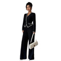 european and american new black chanel-style two-piece set: v-neck ribbon trimmed waist-cinching suit jumpsuit