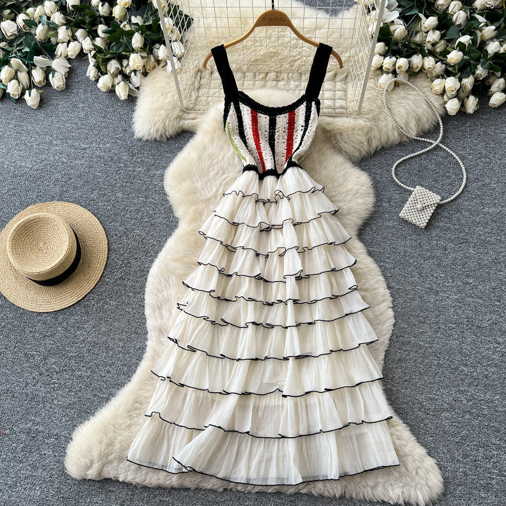 French sleeveless color block tiered cake dress - women's summer high waist slimming layered elegant maxi dress - socialite style
