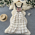 French sleeveless color block tiered cake dress - women's summer high waist slimming layered elegant maxi dress - socialite style