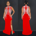 C6860 cross-border   fashion women's solid color mesh rhinestone slit maxi dress