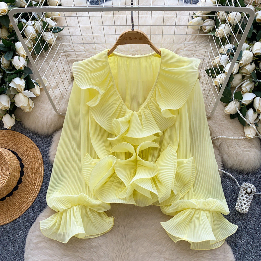 French chic v-neck ruffle trim pleated blouse - women's spring/summer long sleeve, versatile and stylish design top