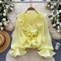 French chic v-neck ruffle trim pleated blouse - women's spring/summer long sleeve, versatile and stylish design top