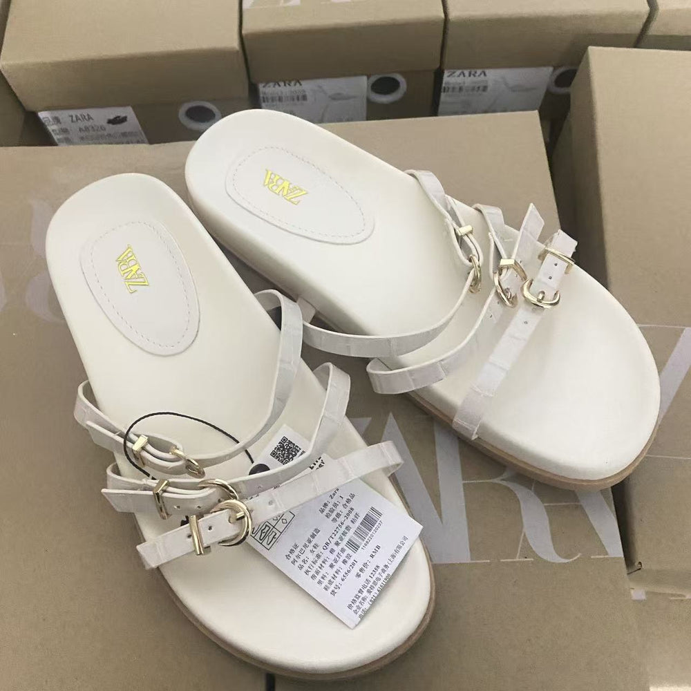 Za2025 new summer genuine leather thong sandals with buckle strap, flat open-toe casual comfortable beach slides