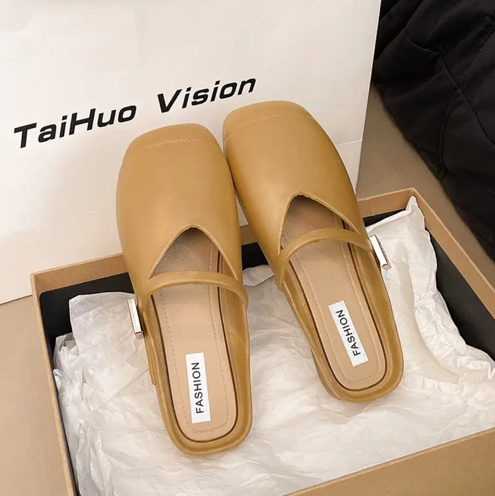 Half slippers summer women's shoes square toe metal buckle casual loafers toe half slippers casual style easiest for matchcasual