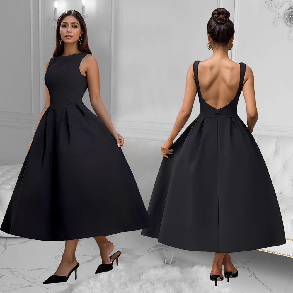 C7145 cross-border   fashion women's backless french vintage sleeveless maxi dress