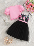 girldresssuit pink lantern sleeve outer printed suspender gauze skirt kids tutu skirt