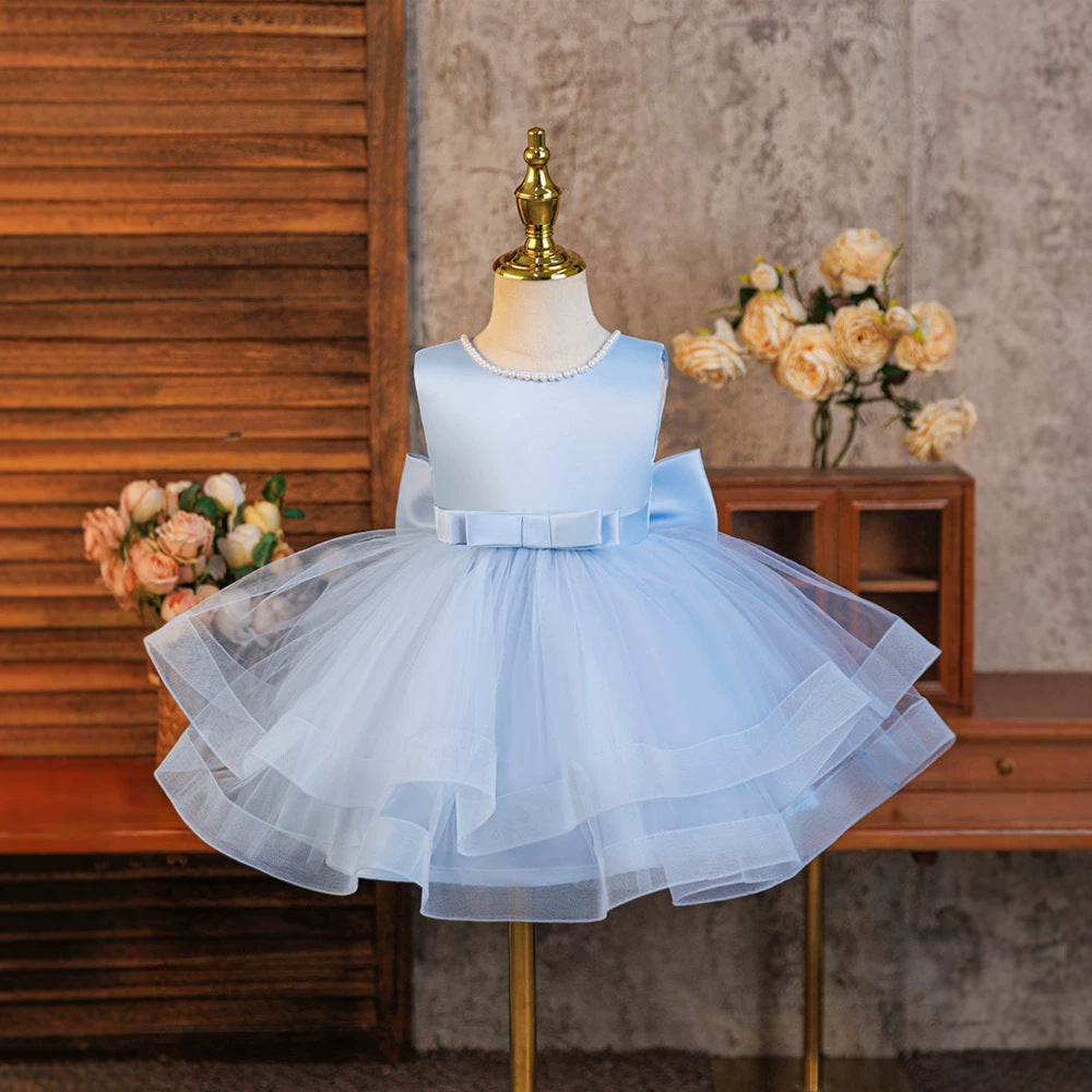 New children's dress - sky blue sleeveless tulle princess dress - export quality summer girl's elegant birthday dress