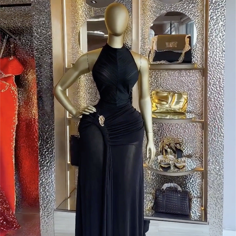 European and american cross-border women's fashion:  summer new arrival - sexy and elegant halter neck sleeveless ruched bodycon midi dress