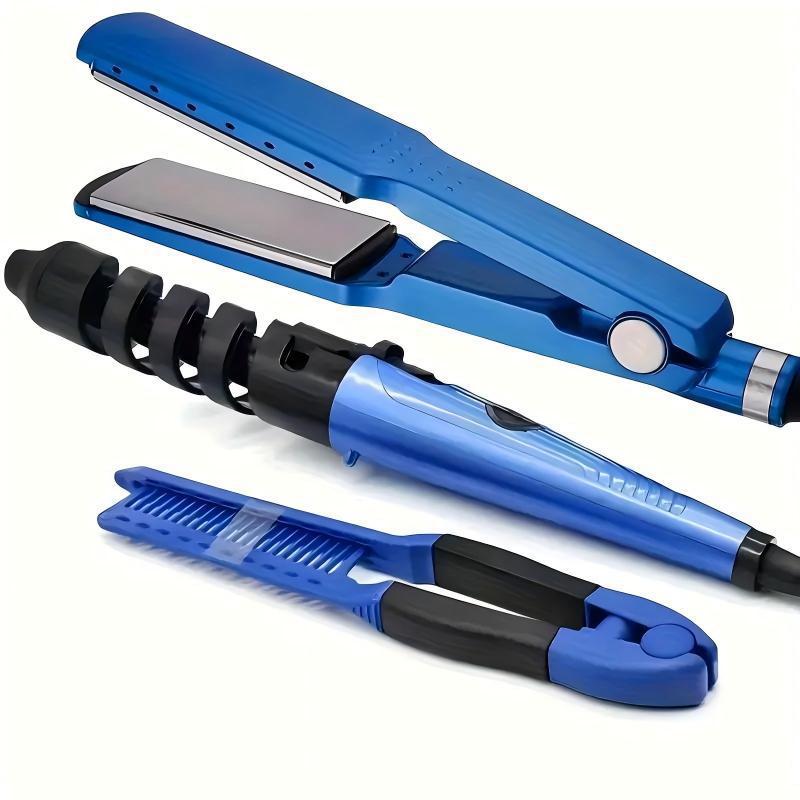 Cross-border hot-selling new three-in-one straight-rolled dual-purpose curling iron, splint, hair straightener, spiral curling iron, comb set.