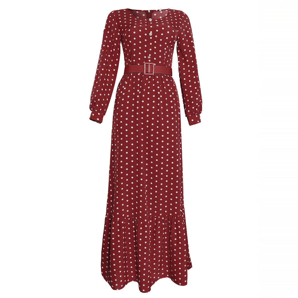 new arrival: fresh & sweet polka dot high-waisted long sleeve dress - african style plus size women's clothing with belt
