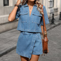 Fashion cross-border foreign trade  independent station new washed v-neck short-sleeved loose irregular denim suit for women
