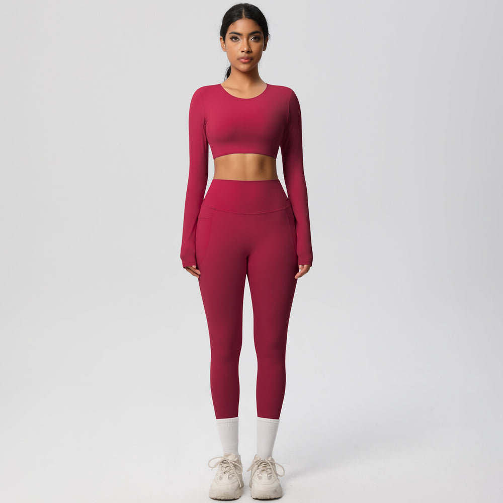 nude feeling tight high waistflap pocket pants crop toplong sleevestops yoga clothes quick-drying running sports fitness suit