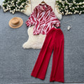 European and american niche style lantern sleeve printed blouse and high-waisted wide-leg casual pants two-piece set - autumn collection
