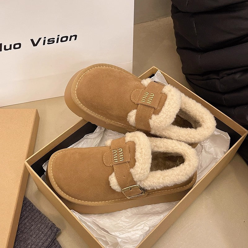 Thick sole birkenstock short snow boots for women fleece-linedheattechpopular slip-on autumn winter2025new arrival bean cotton shoes