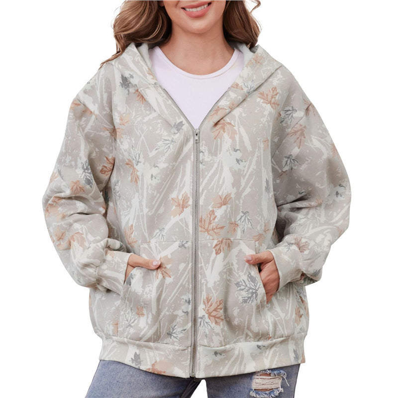cross-border leaf print hoodie - unisex zip-up 3d printed jacket, casual & versatile, hot seller for international markets