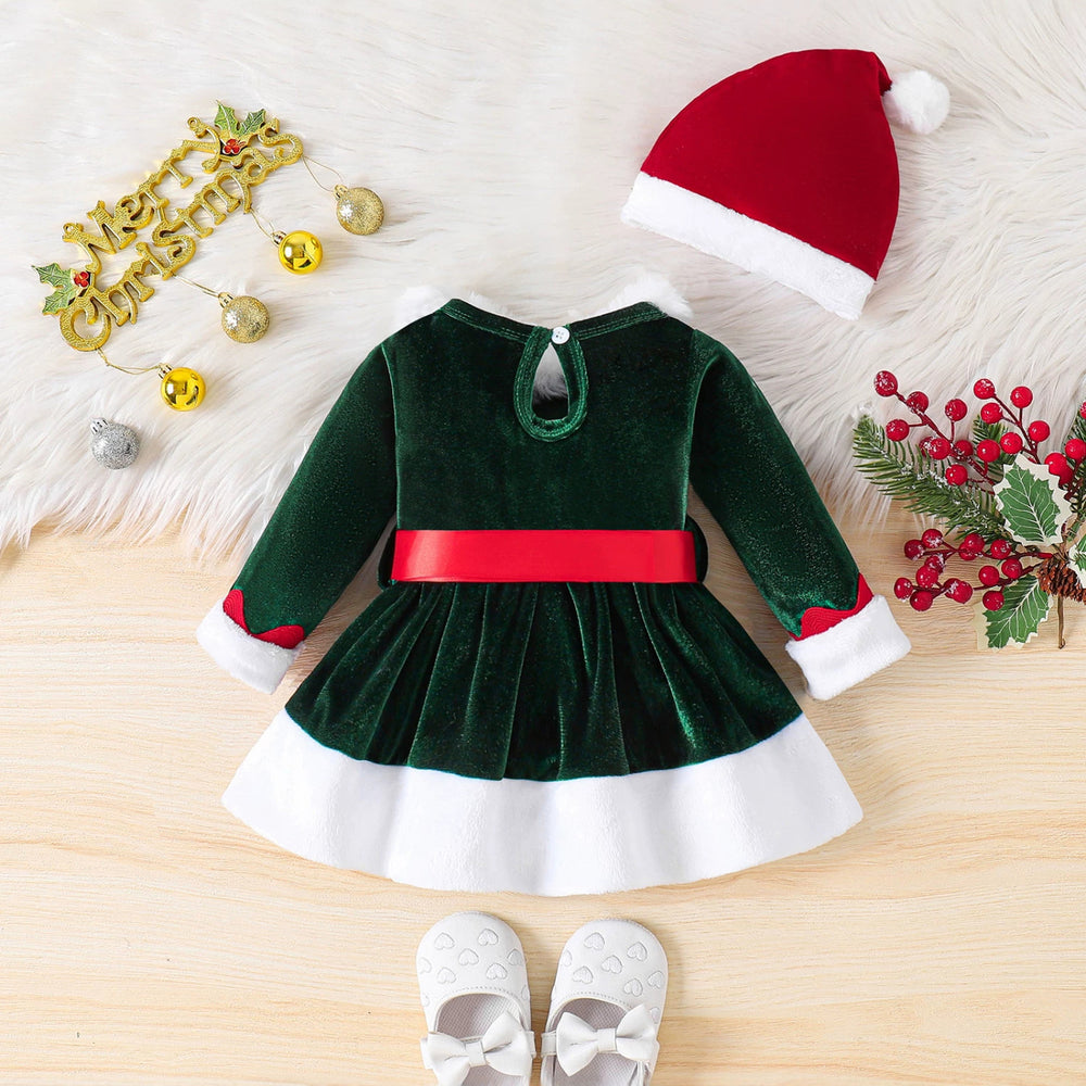 Baby christmas party outfit: fuzzy hat, belt, and romper dress