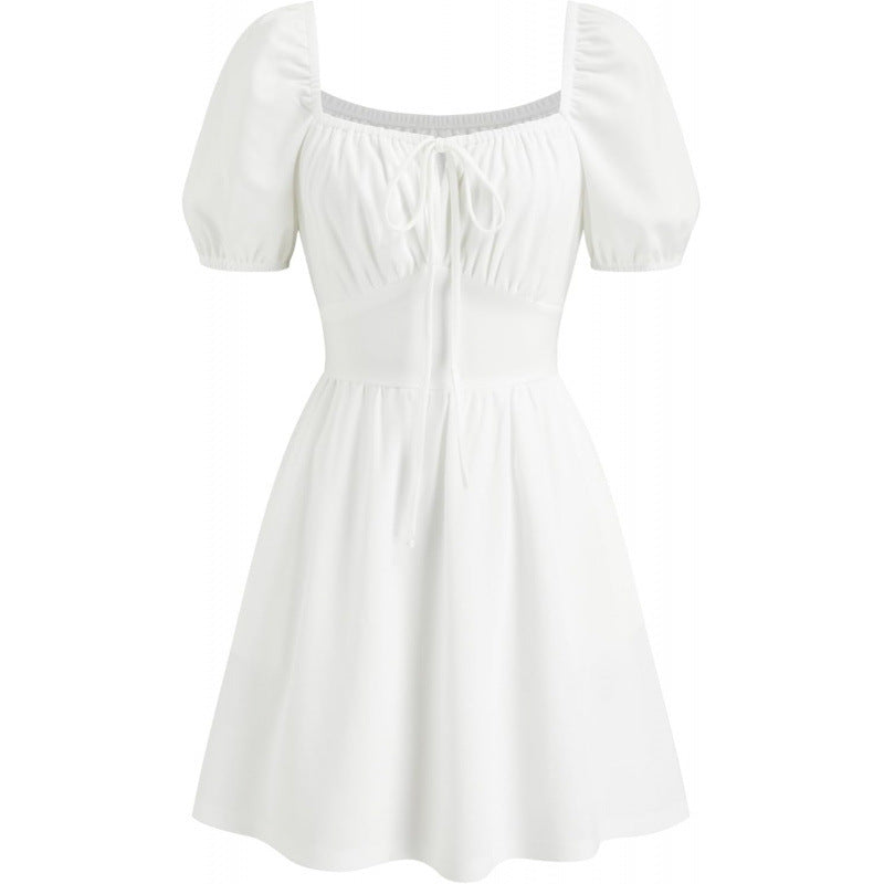 Amazon fashion puff sleeve tie back square neck dress women's  summer new cute silm skirt