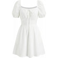 Amazon fashion puff sleeve tie back square neck dress women's  summer new cute silm skirt