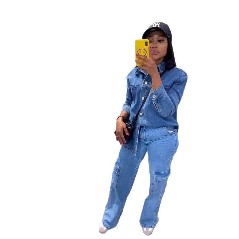 European and American  women's clothing  new loose lapel cardigan long-sleeved straight trousers multi-pocket set denim