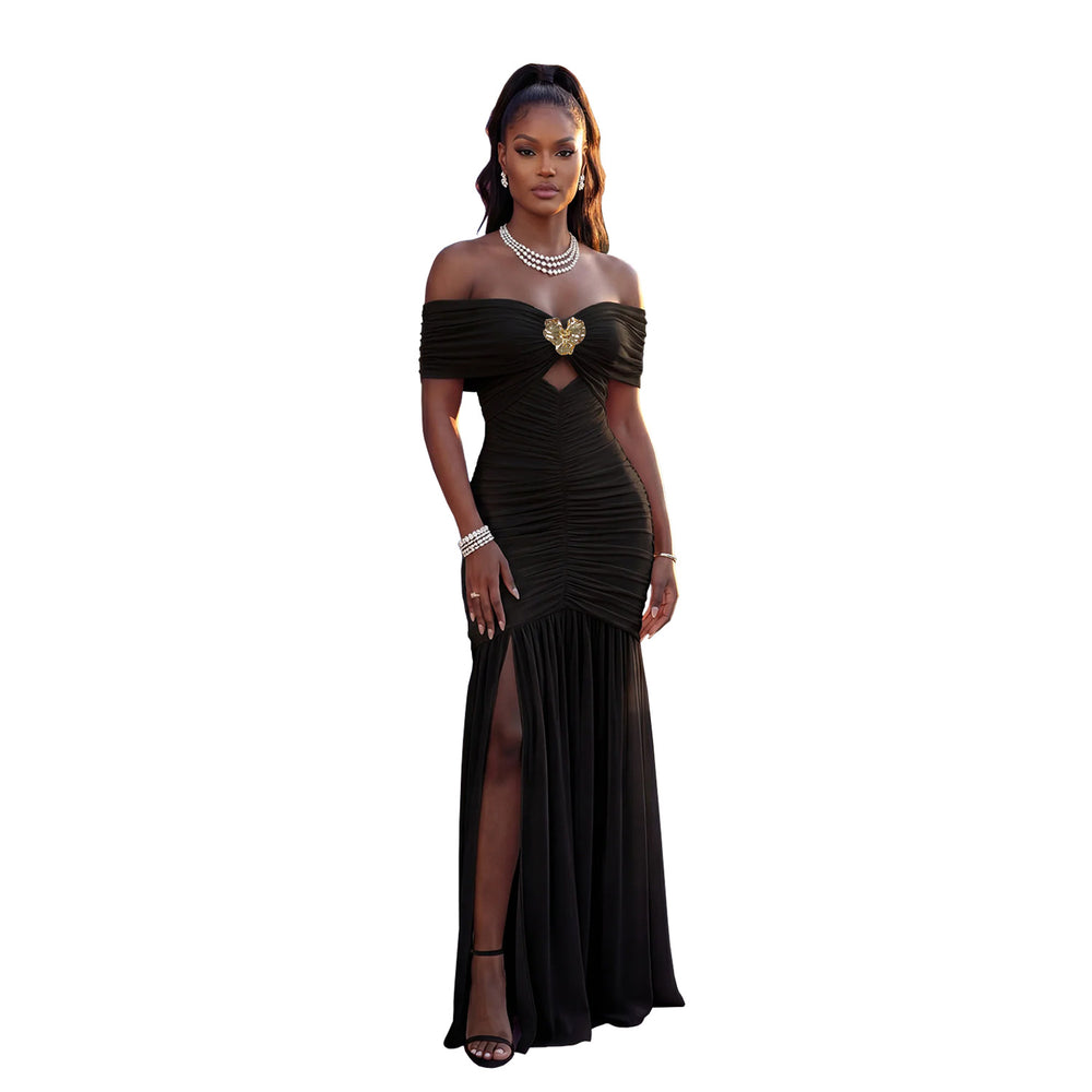 C7661 cross-border   fashion women's sexy off-the-shoulder high slit bandeau dress