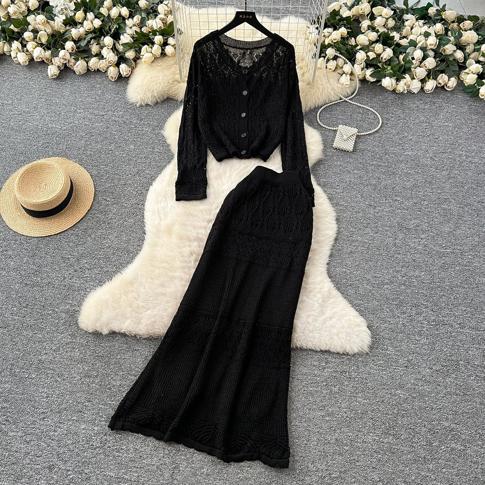 Elegant two-piece set: korean style soft hollow-out crochet round neck knit cardigan top + high-waisted bodycon midi skirt