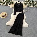 Elegant two-piece set: korean style soft hollow-out crochet round neck knit cardigan top + high-waisted bodycon midi skirt