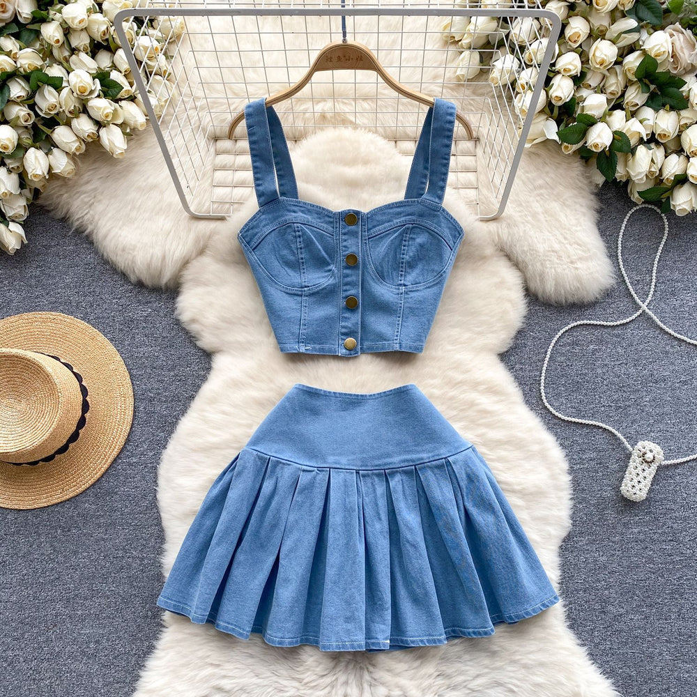 Chic hong kong retro hot girl style suit short camisole easiest for match mini skirt denim two-piece set trendy
