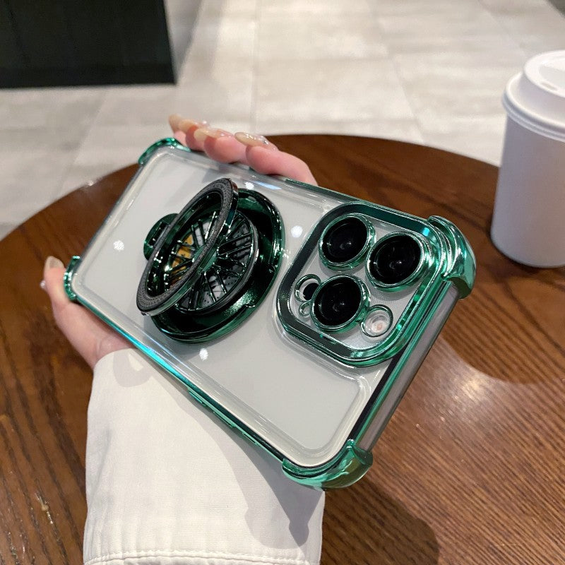 Acrylic four-corner anti-drop phone case for iphone 16, creative gyro rotating stand, compatible with apple 17 pro max