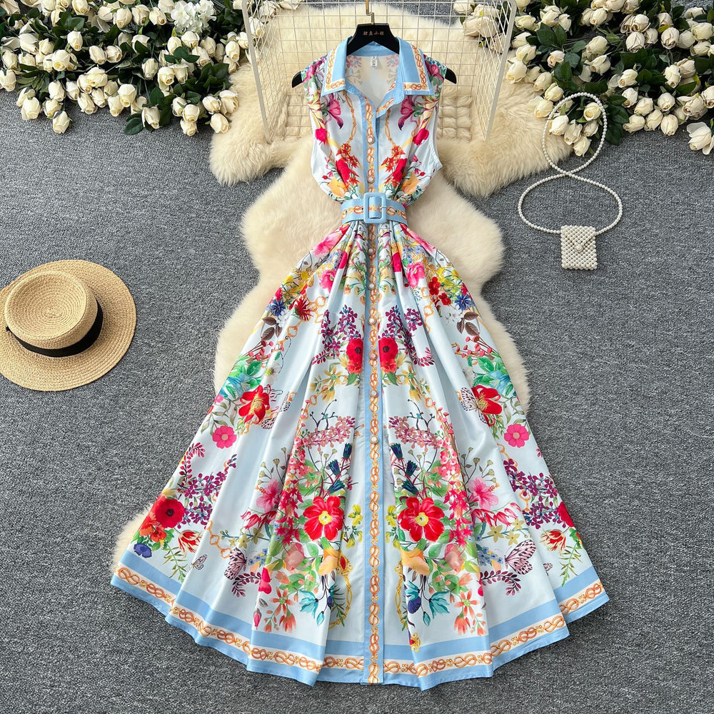 Spring printing dress women's new arrivalfashionretro lapel waist sleeveless single breasted pleated long skirt