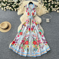 Spring printing dress women's new arrivalfashionretro lapel waist sleeveless single breasted pleated long skirt