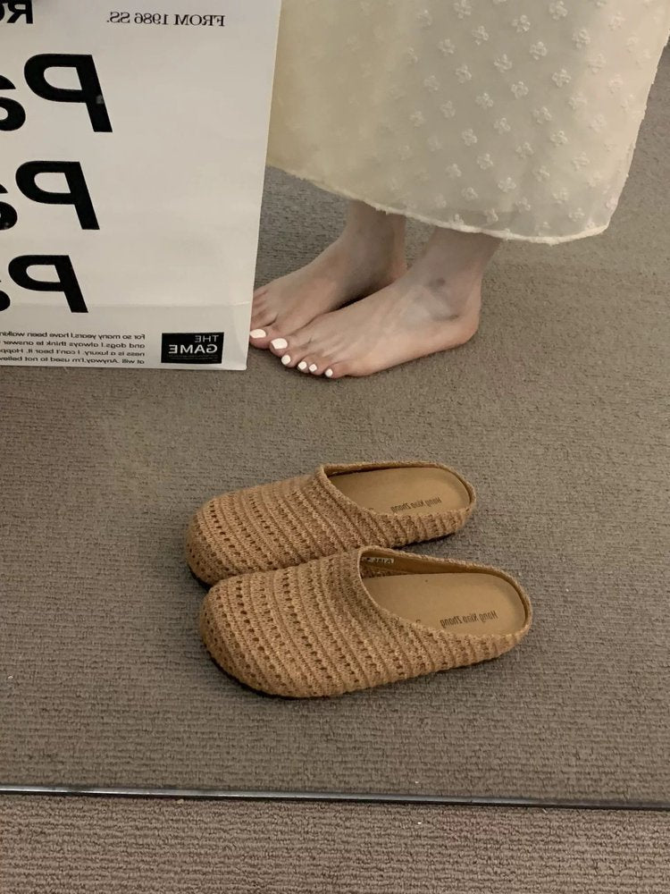 Breathable frenchniche style hand-woven cut out toe-cap half-slippers for women summeroutwear roman style thick sole mule shoes
