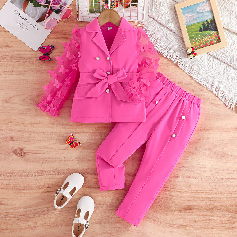 fall/winter new girls' long-sleeve bowknot mesh sleeve blazer and pants two-piece set (sizes for toddlers and young children)