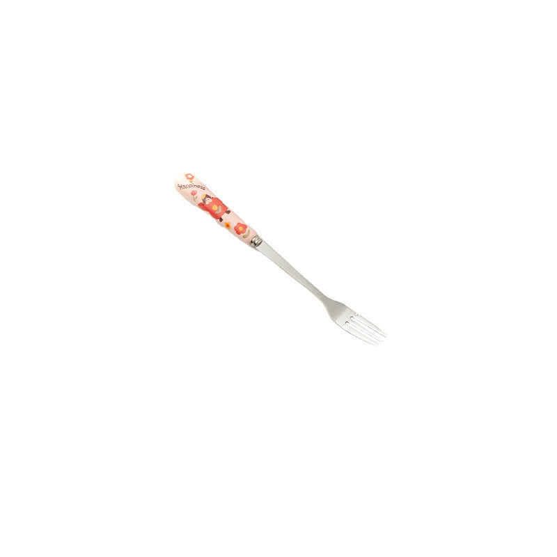 Cartoon girl ceramic handle high-temperature resistant anti-scald fork and spoon set, premium stainless steel cutlery, steak knife and fork