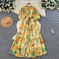 French retro court style niche fashion printed dress - women's tie-waist single-breasted lantern sleeve maxi dress