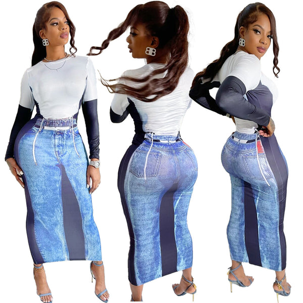 S390839 2023 Autumn New Fashion 3D Denim Printing Crew Neck Pullover Long Sleeve Slim and Skinny Dress