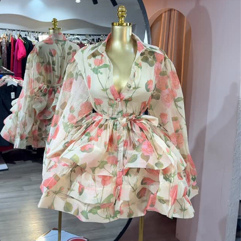 European and american cross-border women's fashion:  summer new arrival - fresh floral print, bow detail, cinched waist, ruffle hem, long sleeve dress