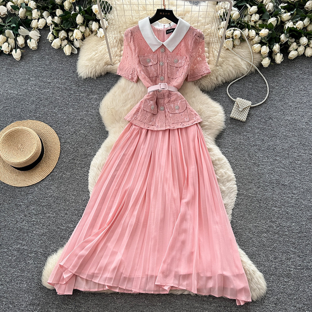 Xiaoxiangfenglacea-linework clothing short-sleeved dressfemale yellow lapel waist pleated long skirt elegance socialite style
