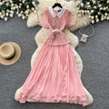 Xiaoxiangfenglacea-linework clothing short-sleeved dressfemale yellow lapel waist pleated long skirt elegance socialite style