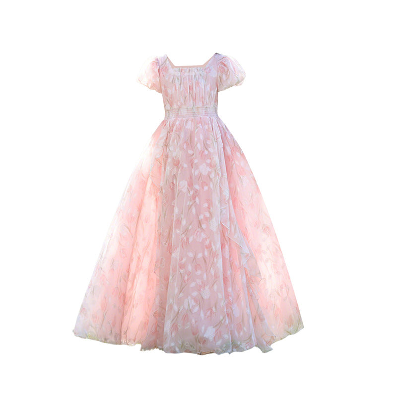 Girldressprintingfloralsprincess skirt long skirt forest style pastoral chiffon waist slimming lookkids skirt lady