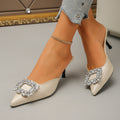 2026 summer new collection: rhinestone-embellished pointed-toe mules with square buckle – women's stiletto and mid-heel closed-toe half slippers