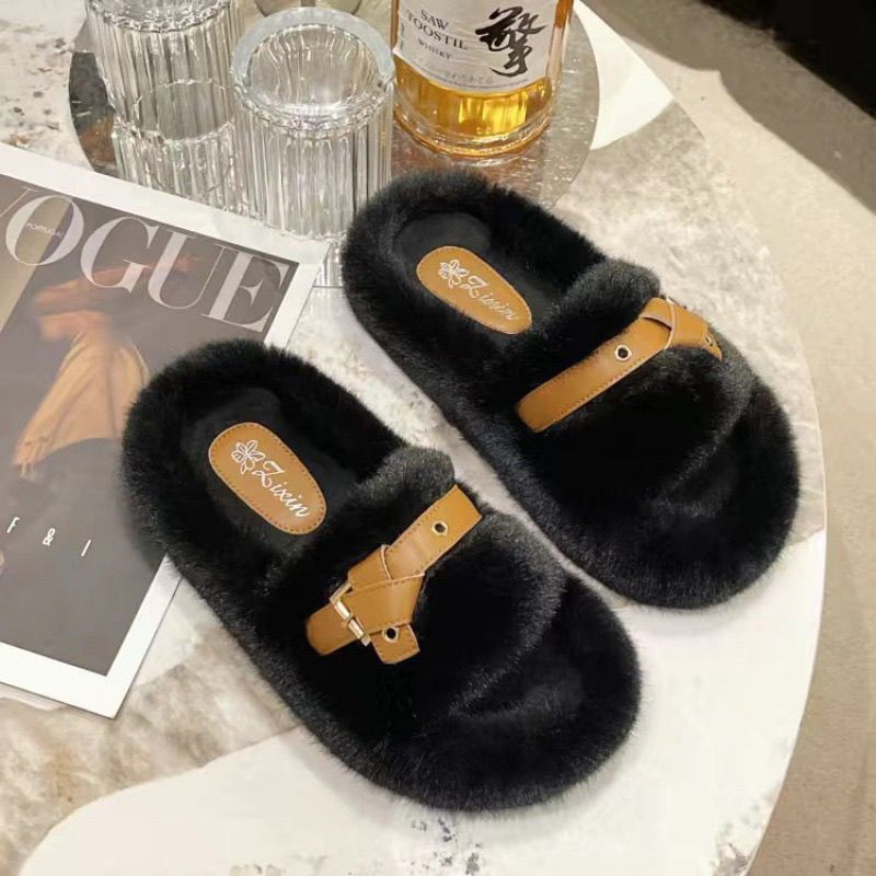 Thick sole slippers for women outwear2024fall and winternew arrivalfashionpopularfleece-lined slippers one-word outdoor cotton slippers