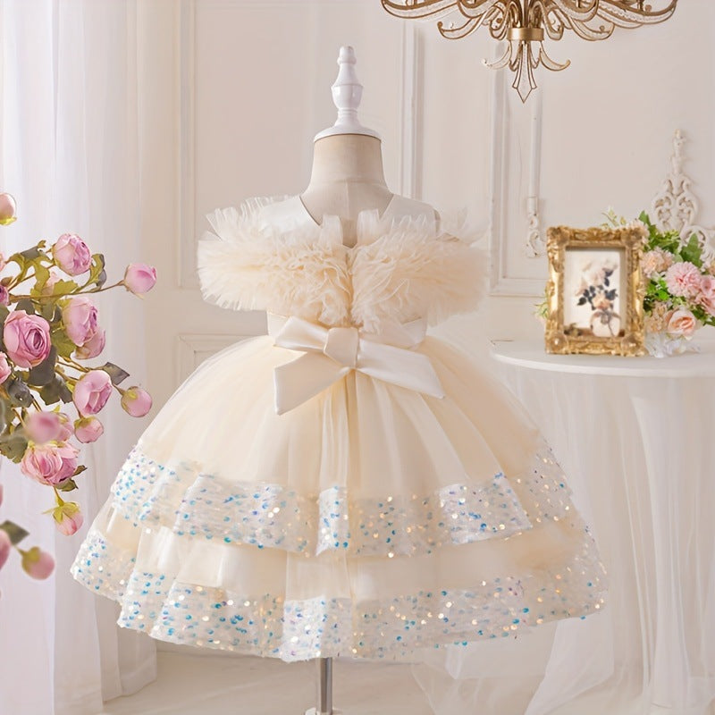 Girls' tulle princess dress - stylish bow detail, new cross-border design for baby girls, perfect for first birthday parties and kindergarten events